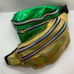 Lot of 2 Fanny Pack Bags in Glossy Holographic Waterproof Vinyl in Gold & Green